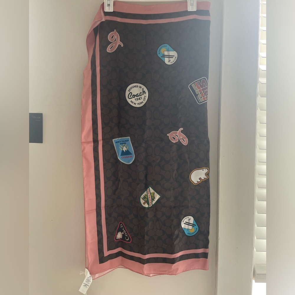 Coach Brown and Pink Signature Ski Patch Silk Scarf - Picture 4 of 8